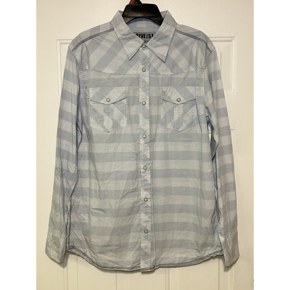 Reverse Denim Shirt Mens Large Long‎ Sleeve Pearl Snaps Striped Western